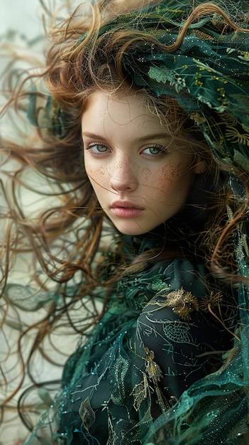 Photo a model with long hair and a green dress with a floral pattern on the front