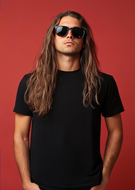 Photo model with long hair poses confidently displaying a plain tshirt effortlessly