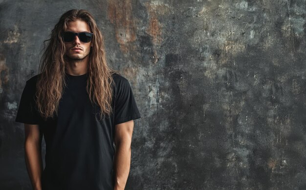 Model with long hair poses confidently displaying a plain tshirt effortlessly