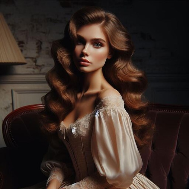 a model with long hair sits in a chair in front of a lamp