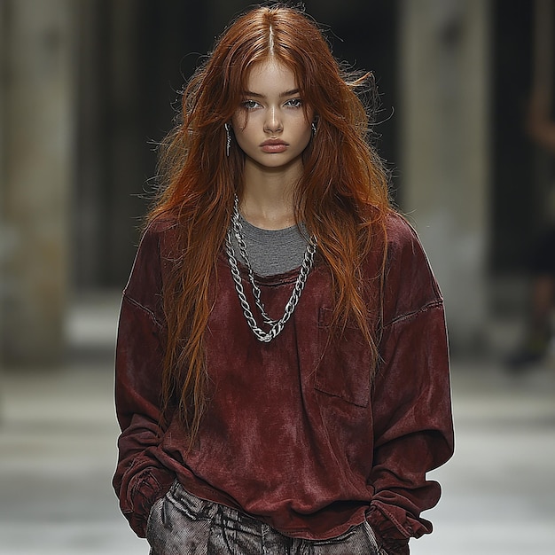 model with long red hair wearing an oversized dark red shirt and baggy pants on the runway of Pari