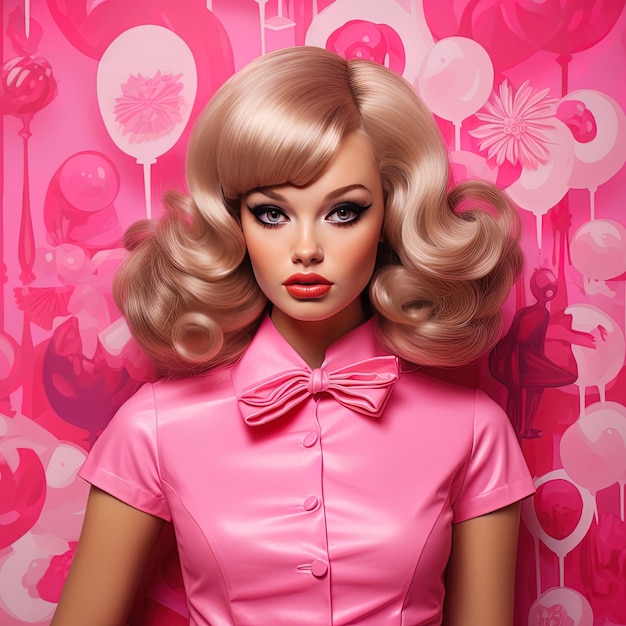 a model with a pink dress and a bow on the wall