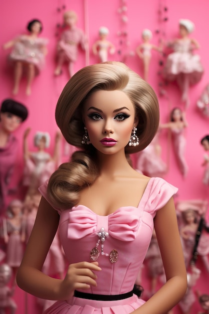 a model with a pink dress and a pink bow on the neck