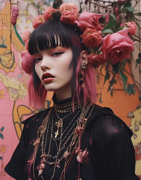 a model with a pink hair style and a red flower in the hair.