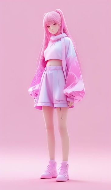 a model with a pink hairdo and a pink scarf on the front of her outfit