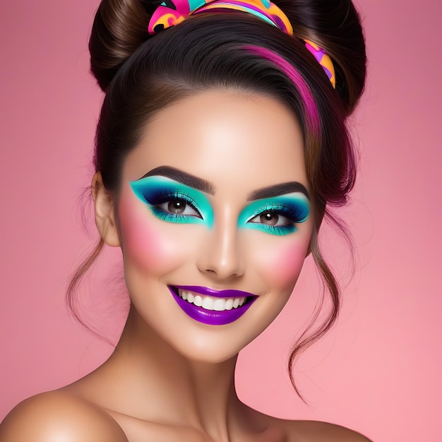 a model with a purple and blue makeup on her face