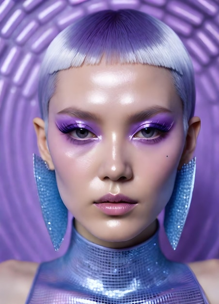 Photo a model with purple eyes and purple eyes is shown in front of a purple poster