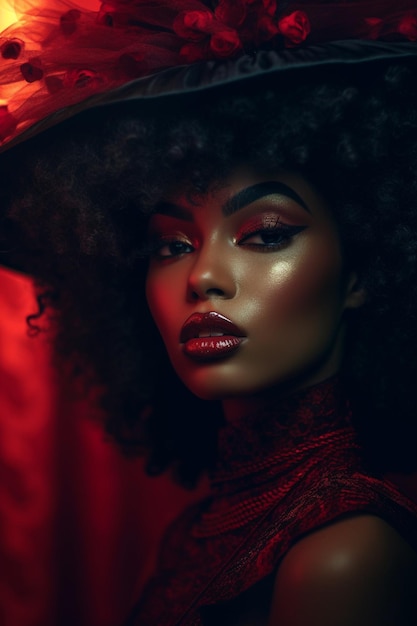 A model with a red hat and a red light on her face.