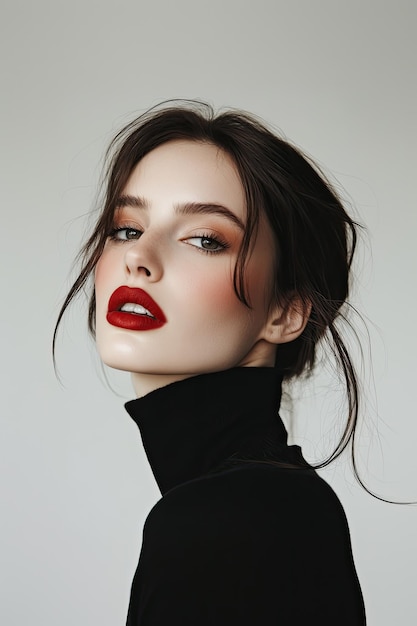 a model with red lips and a black shirt with a black collar