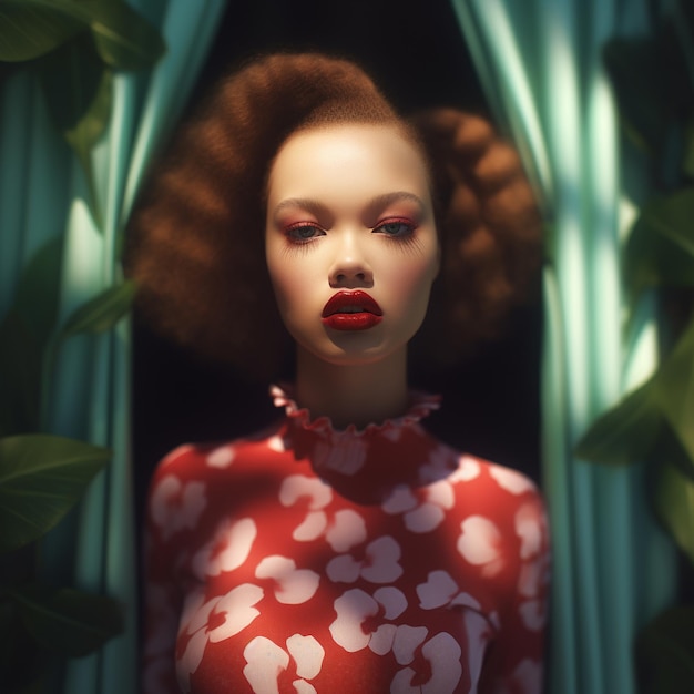 A model with red lips is standing in a doorway with a green tree in the background.