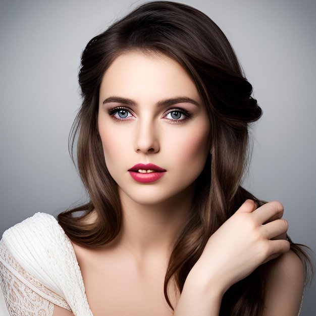 a model with a red lips and a white dress with a black background