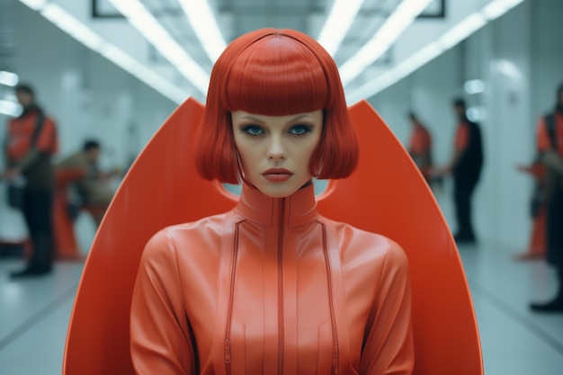 A model with a red wig and a red cape is shown.