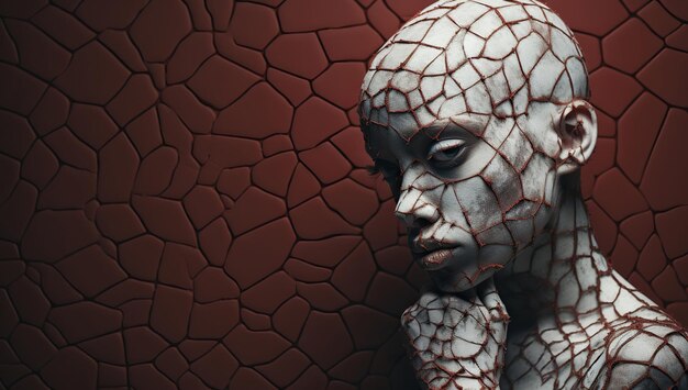 A model with skin coating that mimics cracks against a red wall creating a cracked effect The concept of nonstandard appearance