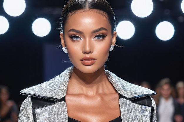 Model with sleek hair and shiny outfit on runway