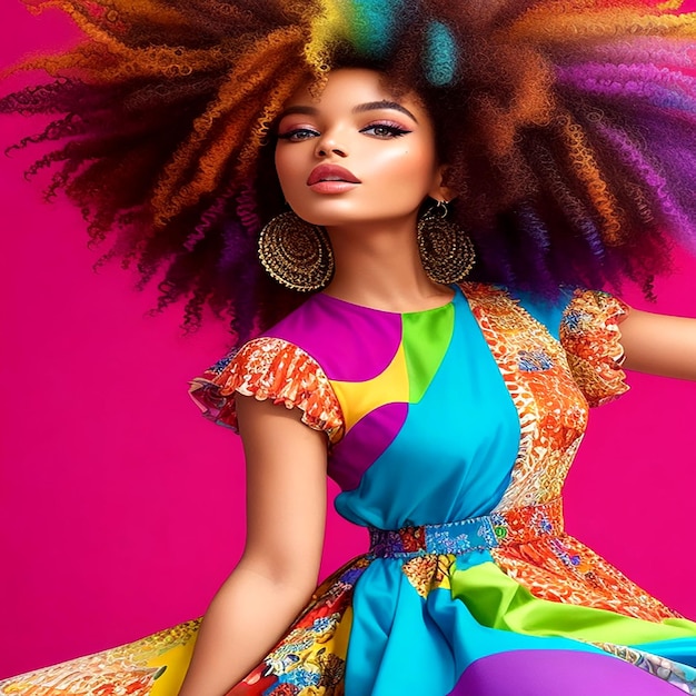 A model with a vibrant colorful dress and a wild curly hairstyleAigenerated