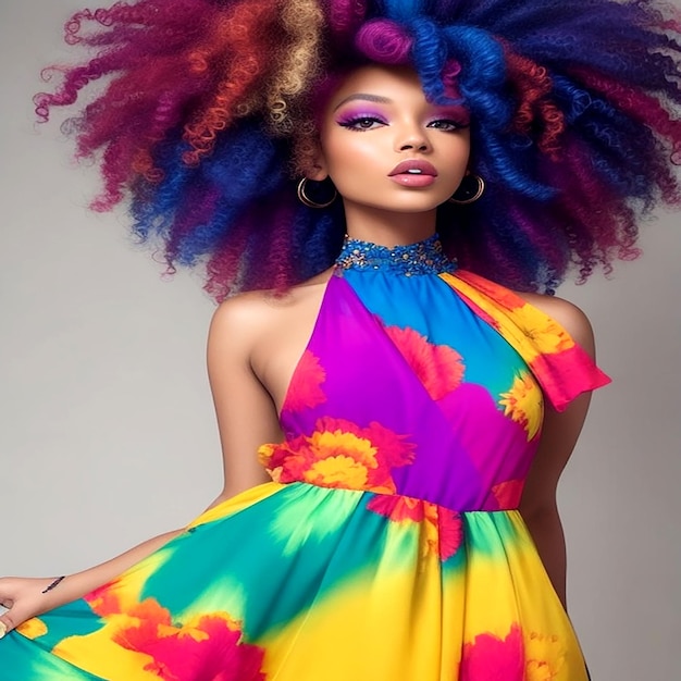 A model with a vibrant colorful dress and a wild curly hairstyleAigenerated