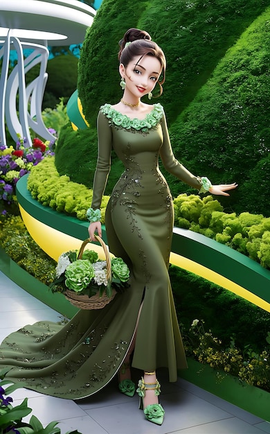 a model of a woman in a green dress with a basket of flowers