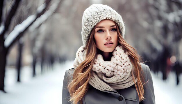 Model woman posing in outdoor autumn winter scene Female wearing warm clothes in fashion pose