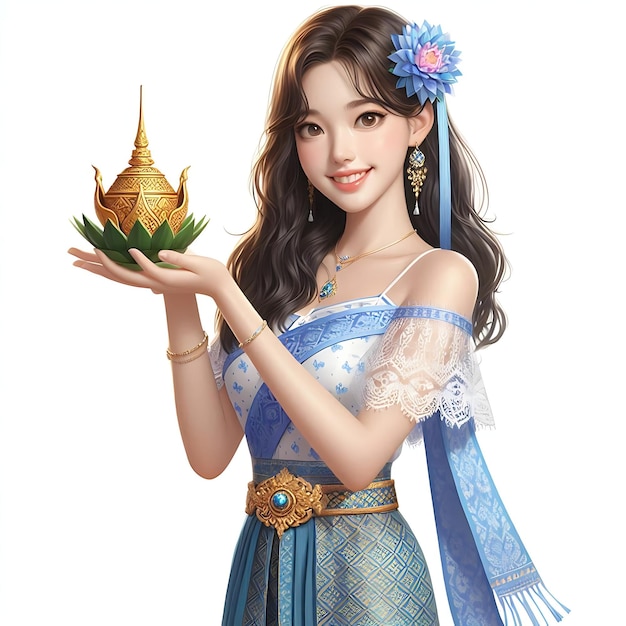 Photo a model of a woman with a gold and blue dress and a gold statue of a woman holding a gold object