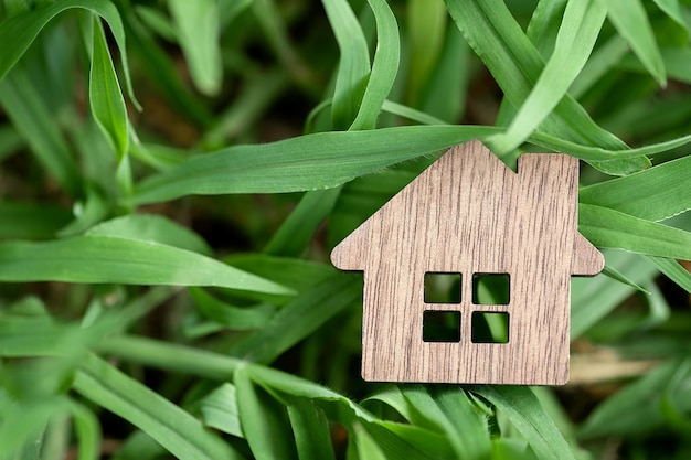 Model of a wooden house on a background of green grass. Country real estate, eco-friendly materials