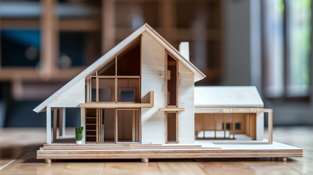 a model of a wooden house with a small green plant in front of it