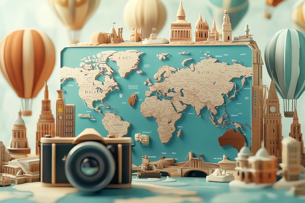 a model of a world map with a camera on it