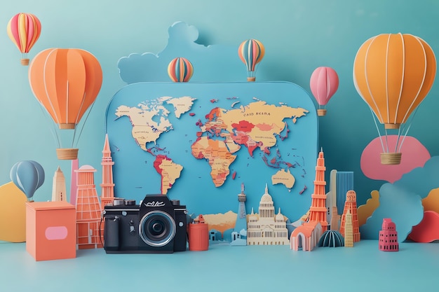 a model of a world map with a camera and a world map