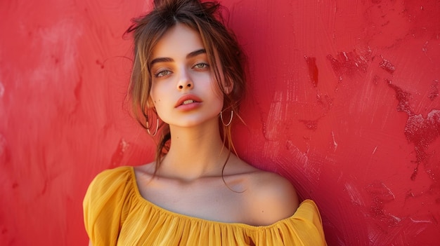 A model in a yellow dress against a red backdrop