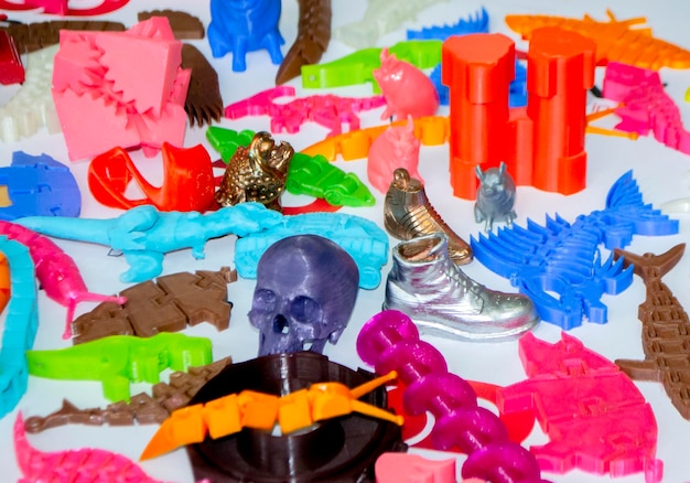 Models printed by 3d printer Bright colorful objects printed on a 3d printer