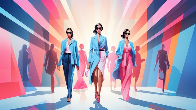 Models showcasing outfits runway background flat design front view fashion show theme animation