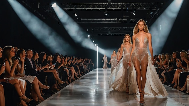 models walk down a runway wearing dresses with one being shown