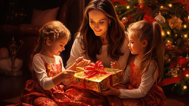 Models in warm winter sweaters sitting near decorated christmas tree at new year eve