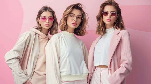 Photo models wear pink sunglasses and pink shades which are made by brand