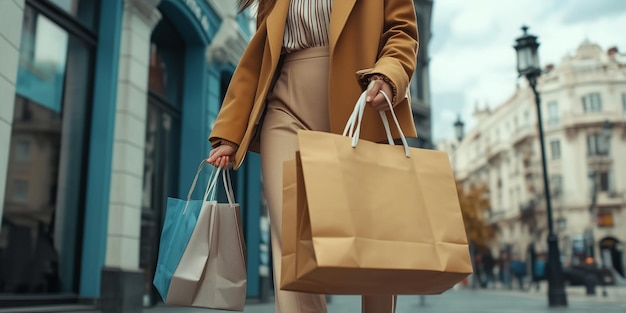 Photo a modelstyle young woman walks with shopping bags down the street shopping concept