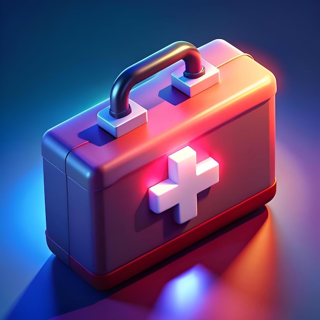 Modern 3D illustration of a first aid kit with a glowing red cross perfect for medical health and safety themes