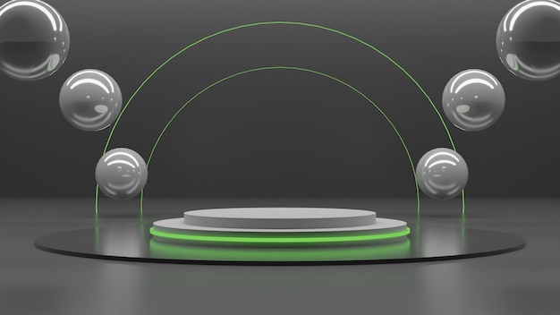 Modern 3d render white podium with green light on black background