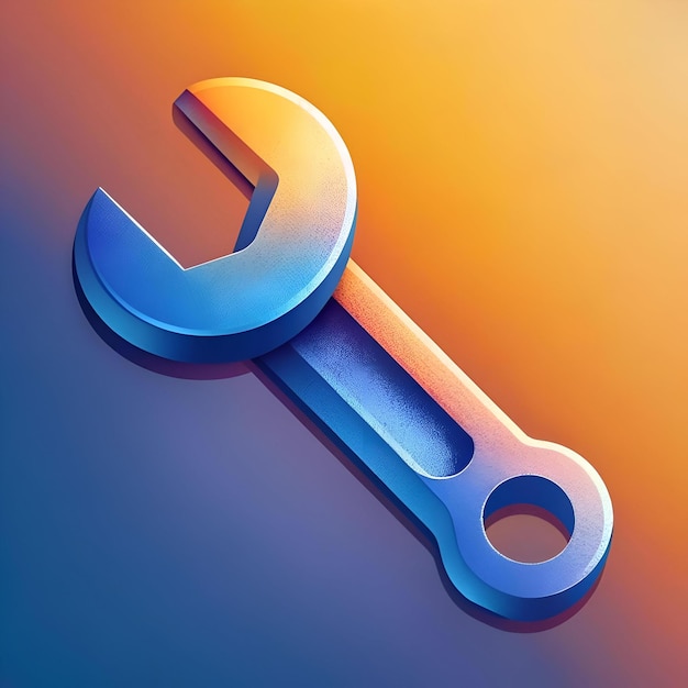 A modern 3D rendered wrench icon with a blue and orange gradient