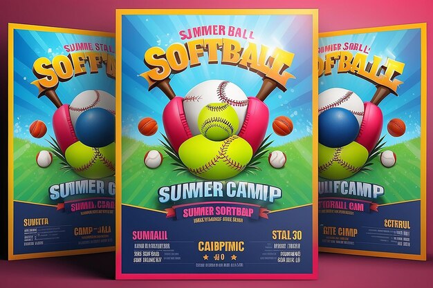 Photo modern 3d style summer softball camp poster template