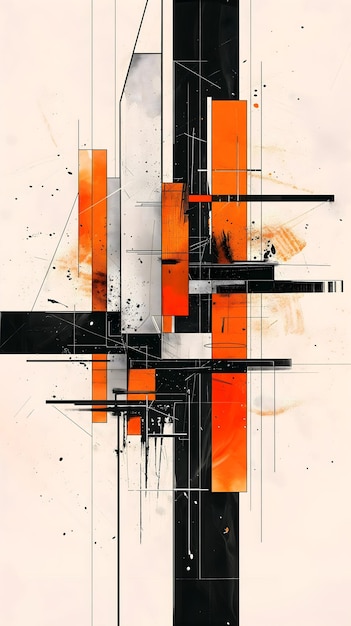 Modern abstract art featuring stark black lines and vibrant orange color