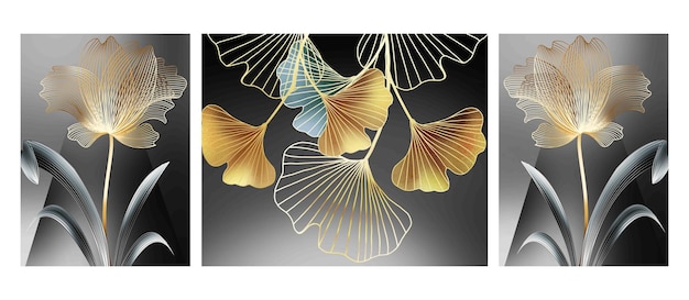 Modern abstract art wall, leaves, flowers, the golden background. Fashionable wallpaper, murals.