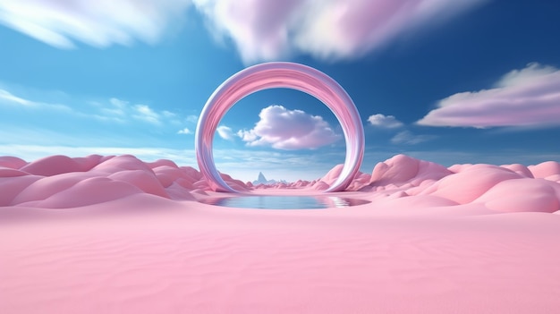 Modern abstract background of surreal landscape Blue sky with clouds pink sand dunes calm