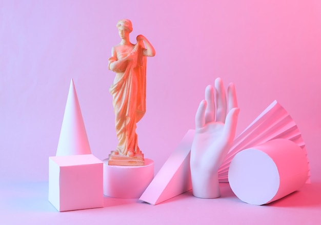 Modern abstract composition of geometric shapes antique statue in blue pink neon gradient light Creative idea Concept art Minimalism Surrealism