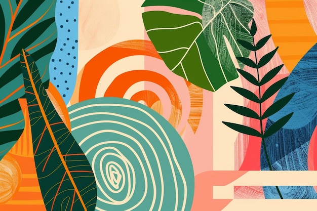 Modern abstract graphic art with plant and spiral on earthtoned geometric shapes