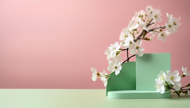 modern abstract podium with green paper geometric shapes and white flowers on pastel pink background