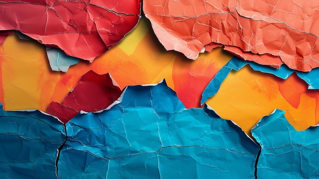 Modern Abstract Torn Paper Artwork in Red Orange and Blue