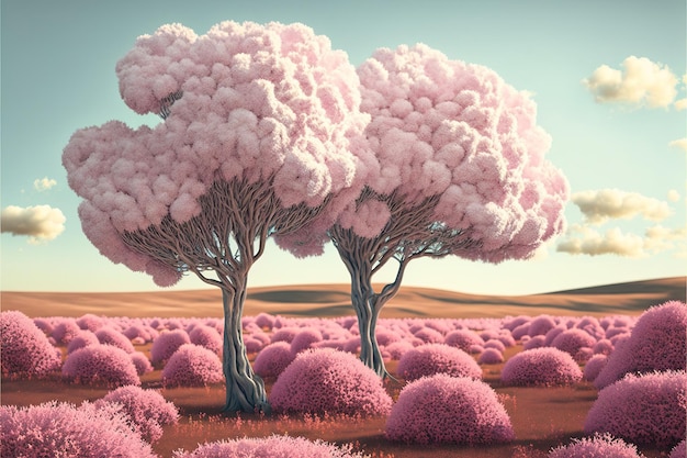 Modern abstract tree with pink fluffy cotton leaves