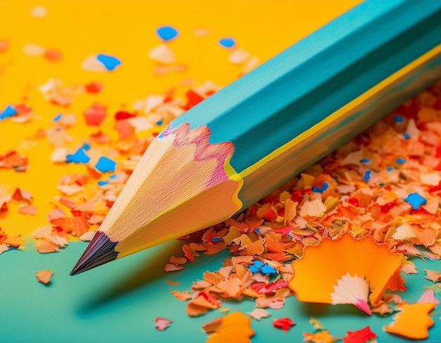 Photo modern academic art pencil with shavings on bright background with copy space