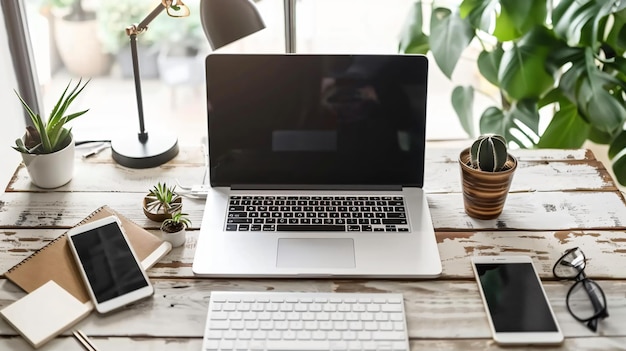 Modern Aesthetic Home Office Workspace with Laptop Computer on Desk