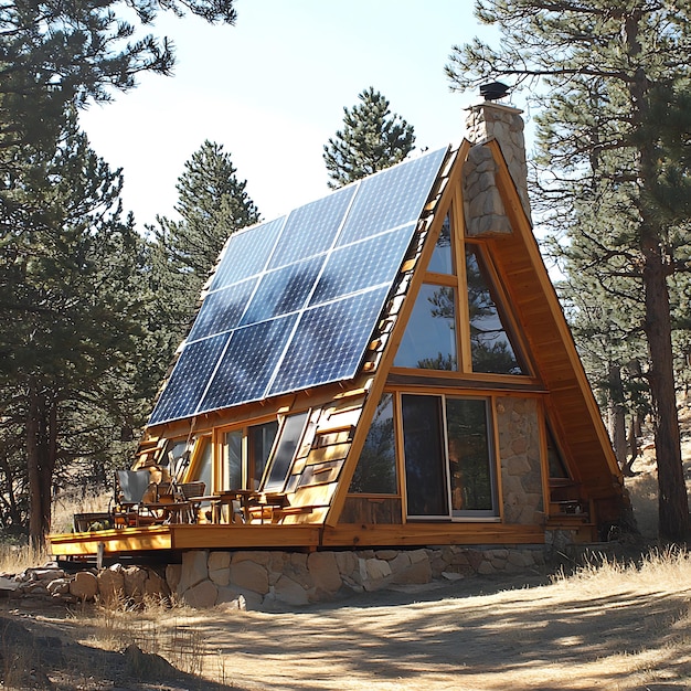 Photo modern aframe cabin with solar panels in a forest setting