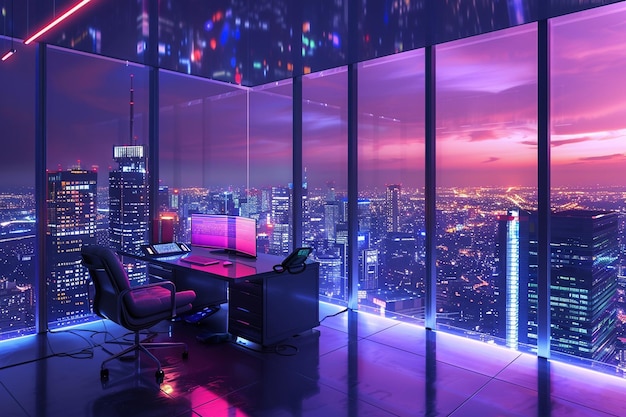 a modern ai office with a clear neon glow with a city view at night